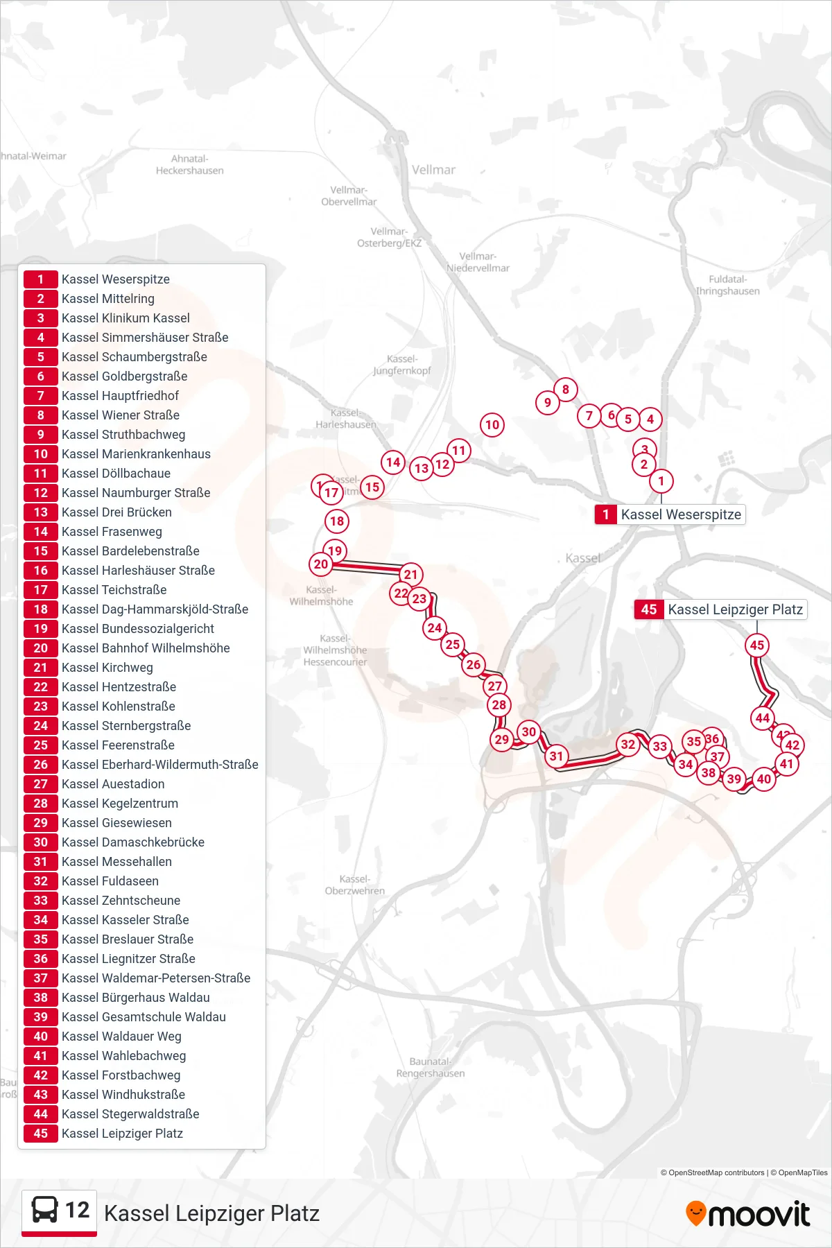 Linie 12 (Bus) Richtung Kassel Leipziger Platz: Route und Haltestellen auf der Karte