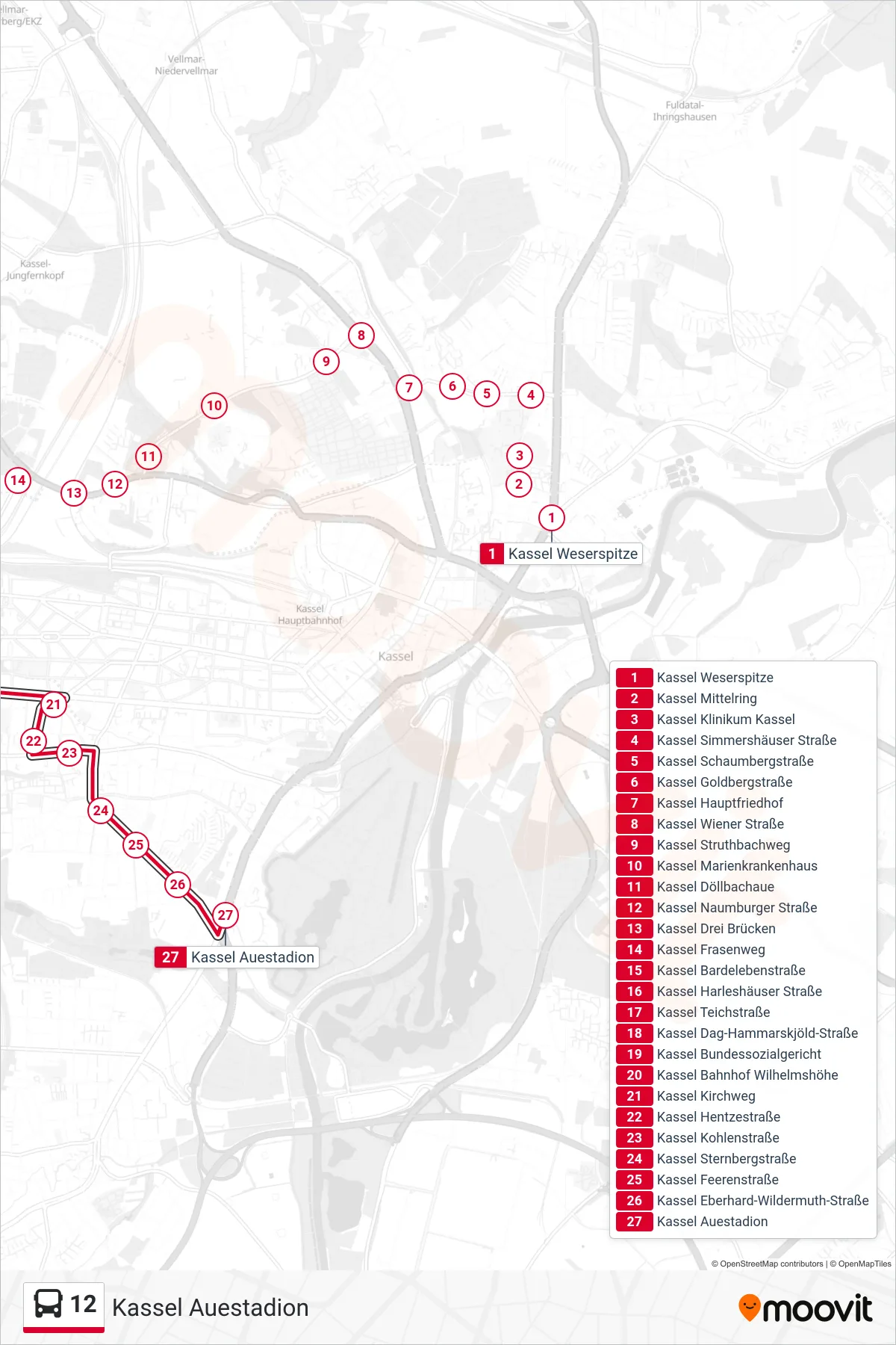 12 bus Line (Kassel Auestadion) route and stops on a map