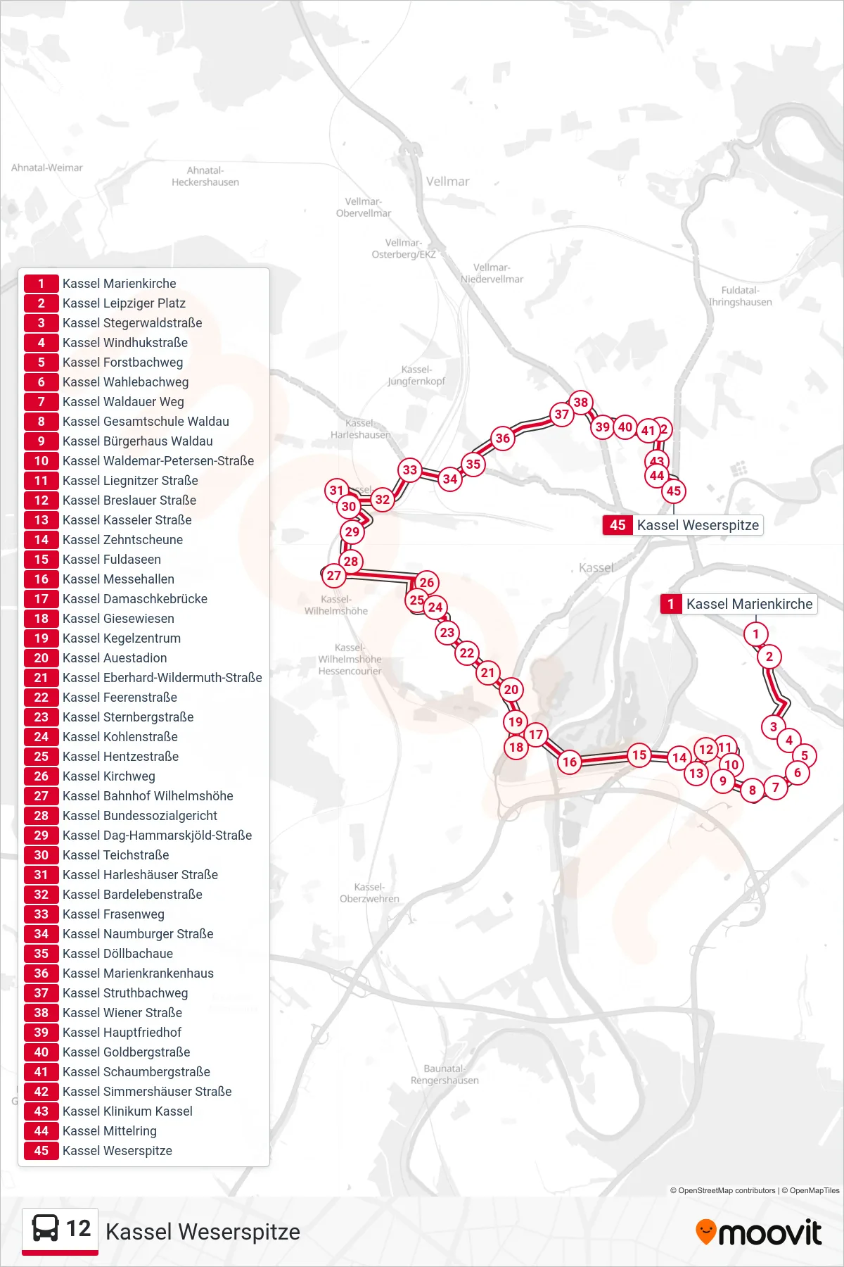 12 bus Line (Kassel Weserspitze) route and stops on a map