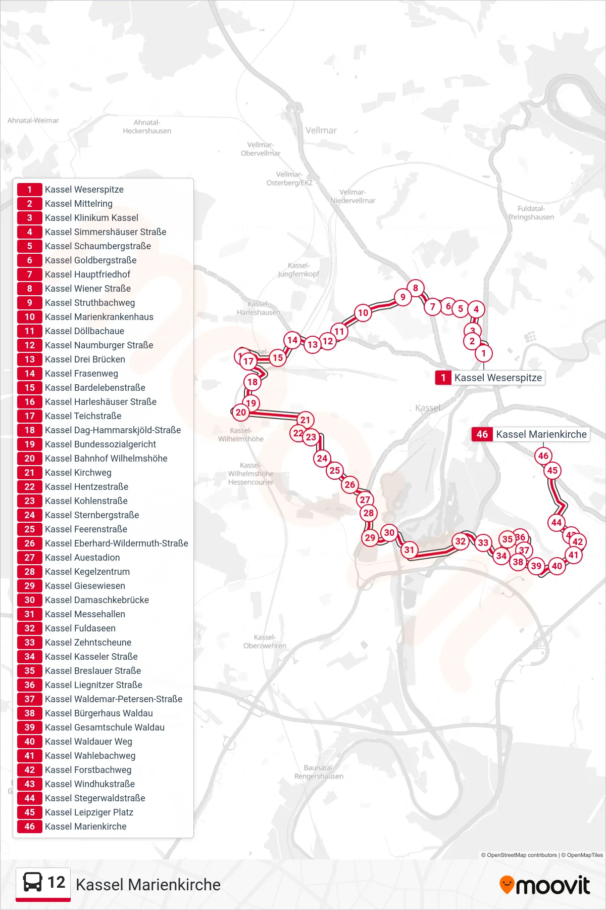 12 bus Line (Kassel Marienkirche) route and stops on a map