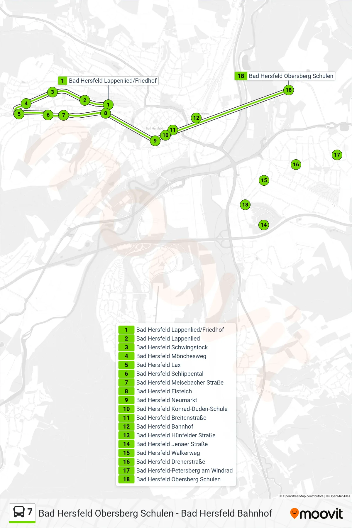 7 bus Line (Obersberg Schulen) route and stops on a map