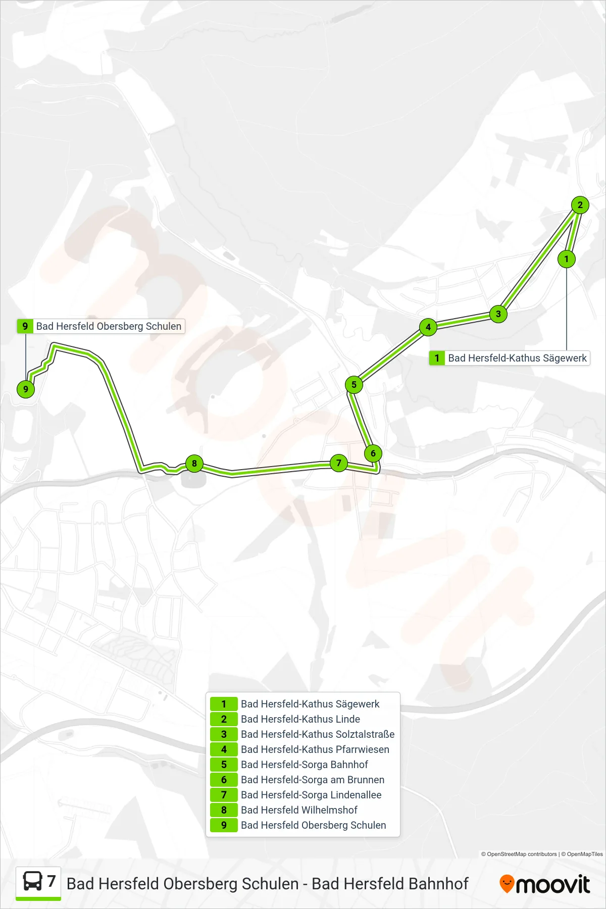 7 bus Line (Bad Hersfeld) route and stops on a map