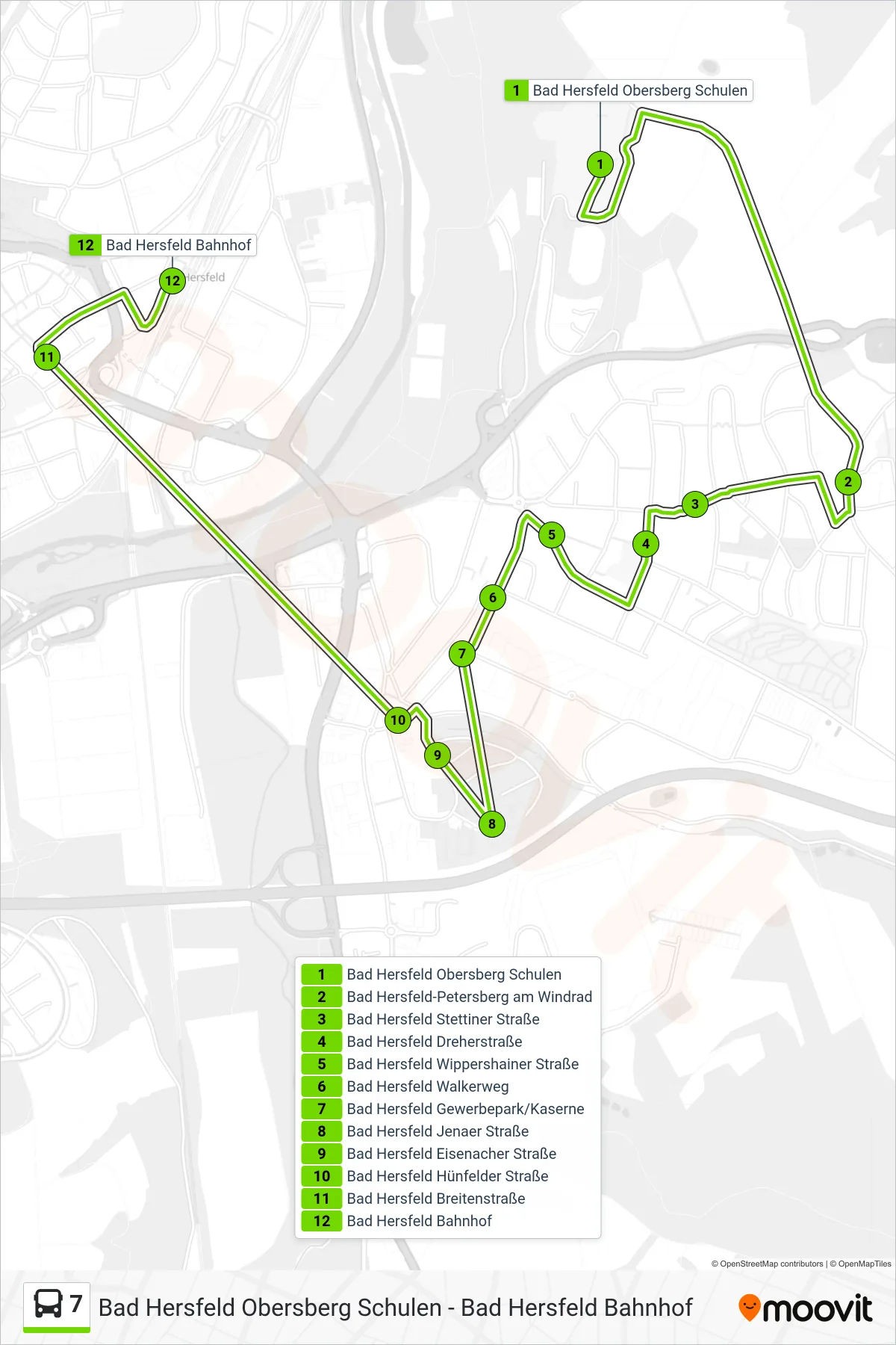 Linie 7 (Bus) Richtung Bad Hersfeld Bahnhof: Route und Haltestellen auf der Karte