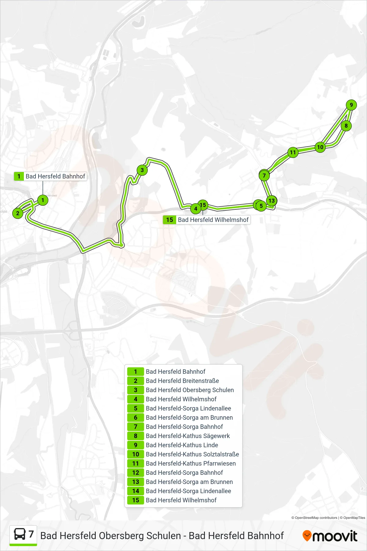 7 bus Line (Bad Hersfeld Wilhelmshof) route and stops on a map
