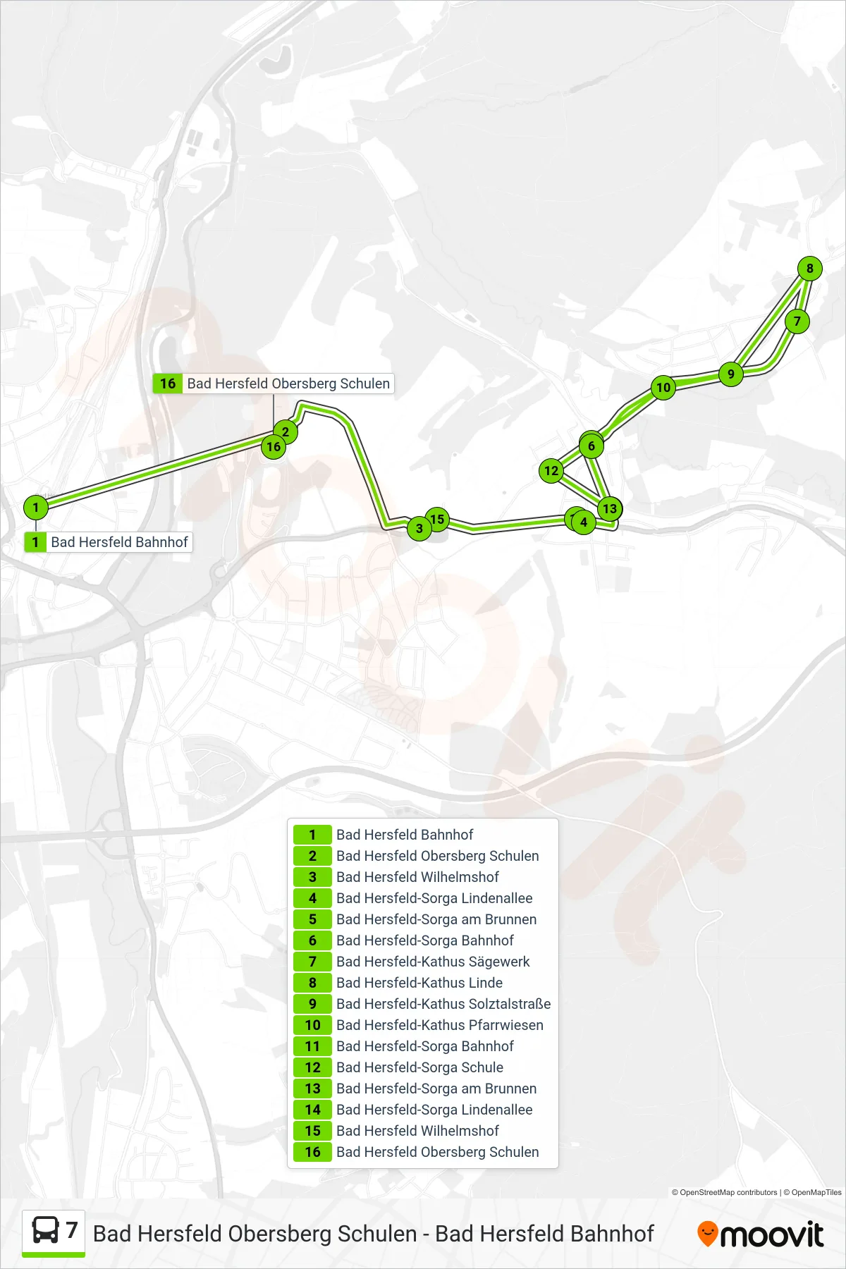 7 bus Line (Bad Hersfeld Obersberg Schulen) route and stops on a map