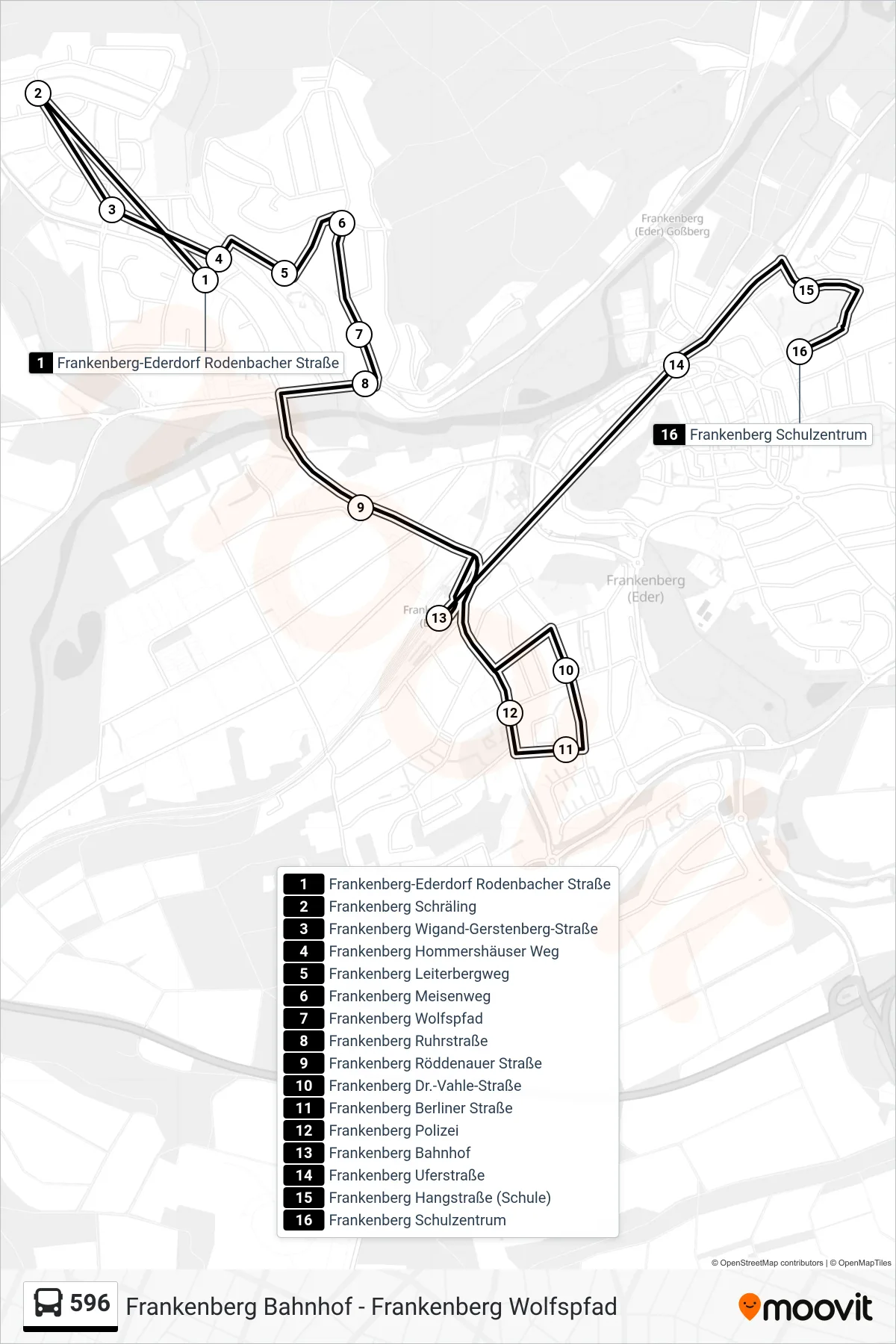 596 bus Line (Stadtbus Frankenberg Schulzentrum) route and stops on a map