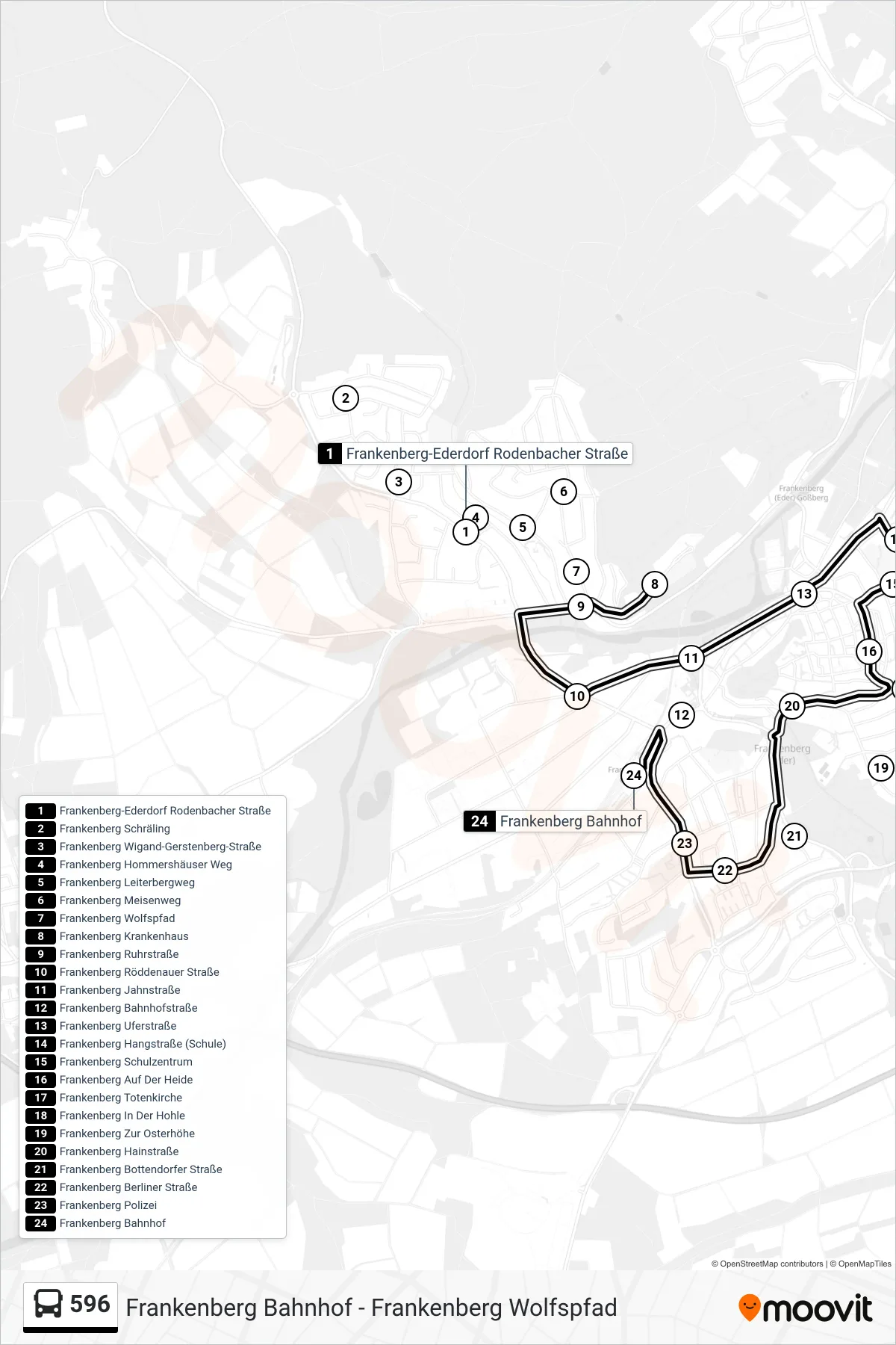 596 bus Line (Stadtbus Frankenberg Bahnhof) route and stops on a map