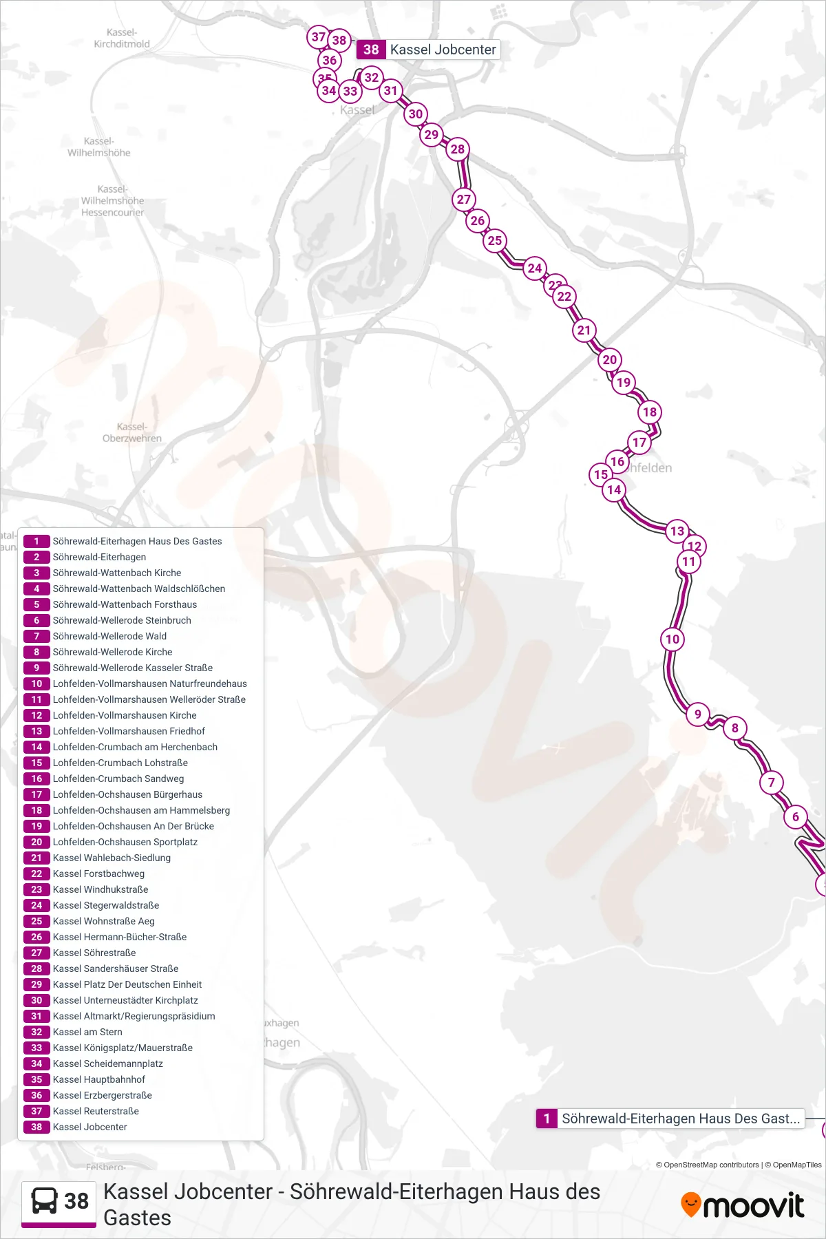 38 bus Line (Kassel Jobcenter) route and stops on a map