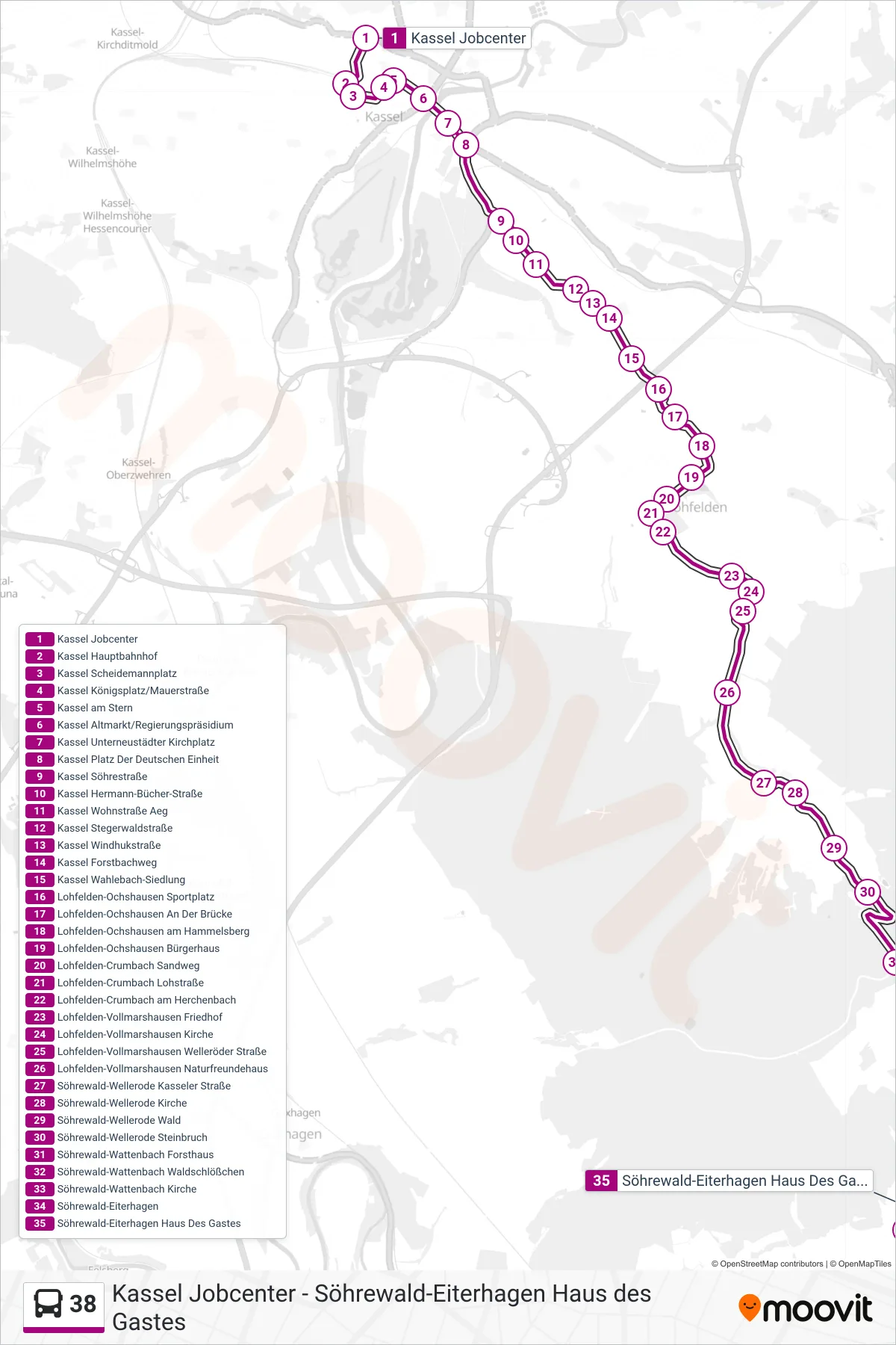 38 bus Line (Eiterhagen) route and stops on a map