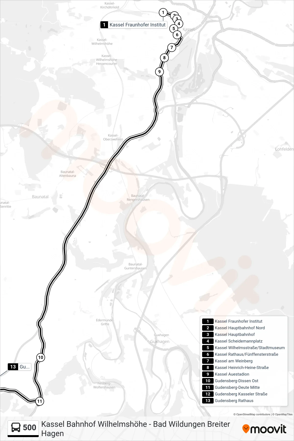 Linie 500 (Bus) Richtung Gudensberg: Route und Haltestellen auf der Karte