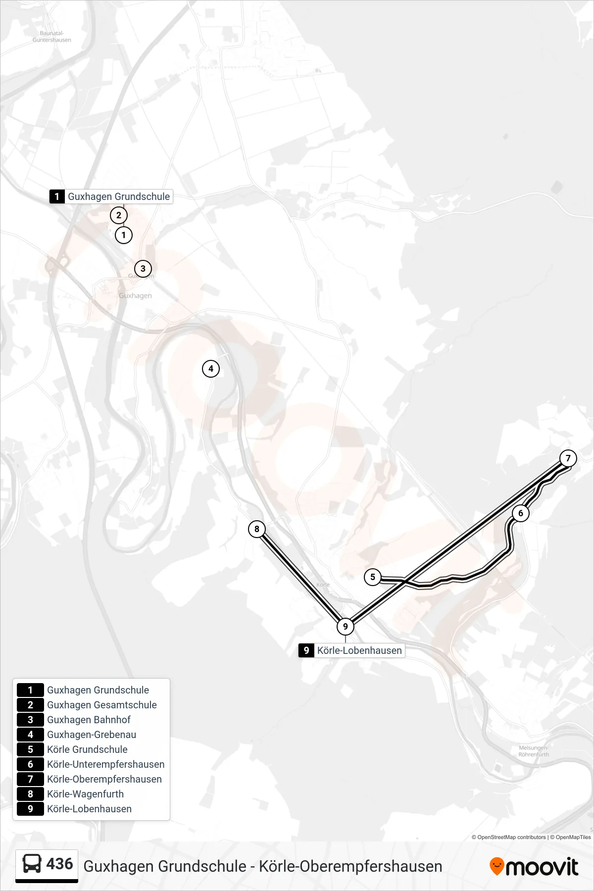 436 bus Line (Körle-Wagenfurth) route and stops on a map