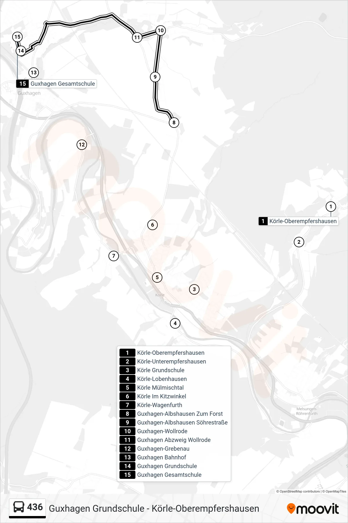 436 bus Line (Guxhagen Gesamtschule) route and stops on a map