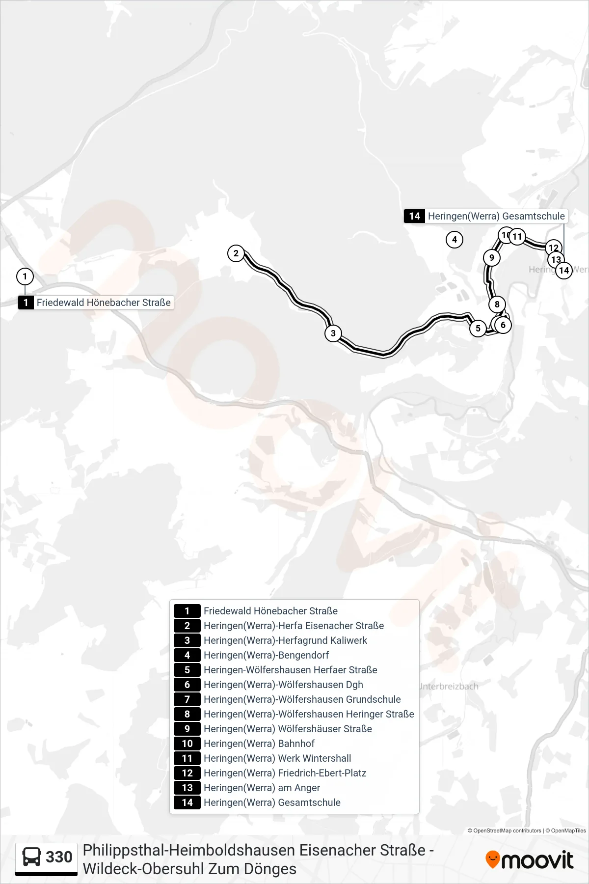 330 bus Line (Heringen) route and stops on a map