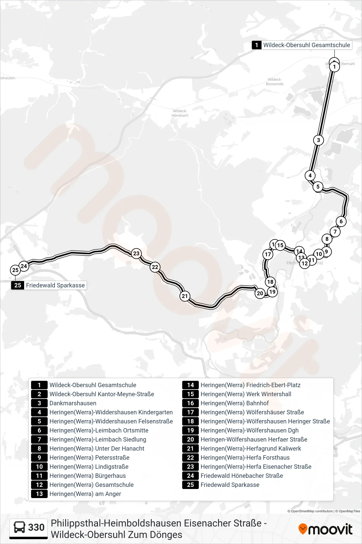 330 bus Line (Schenklengsfeld) route and stops on a map