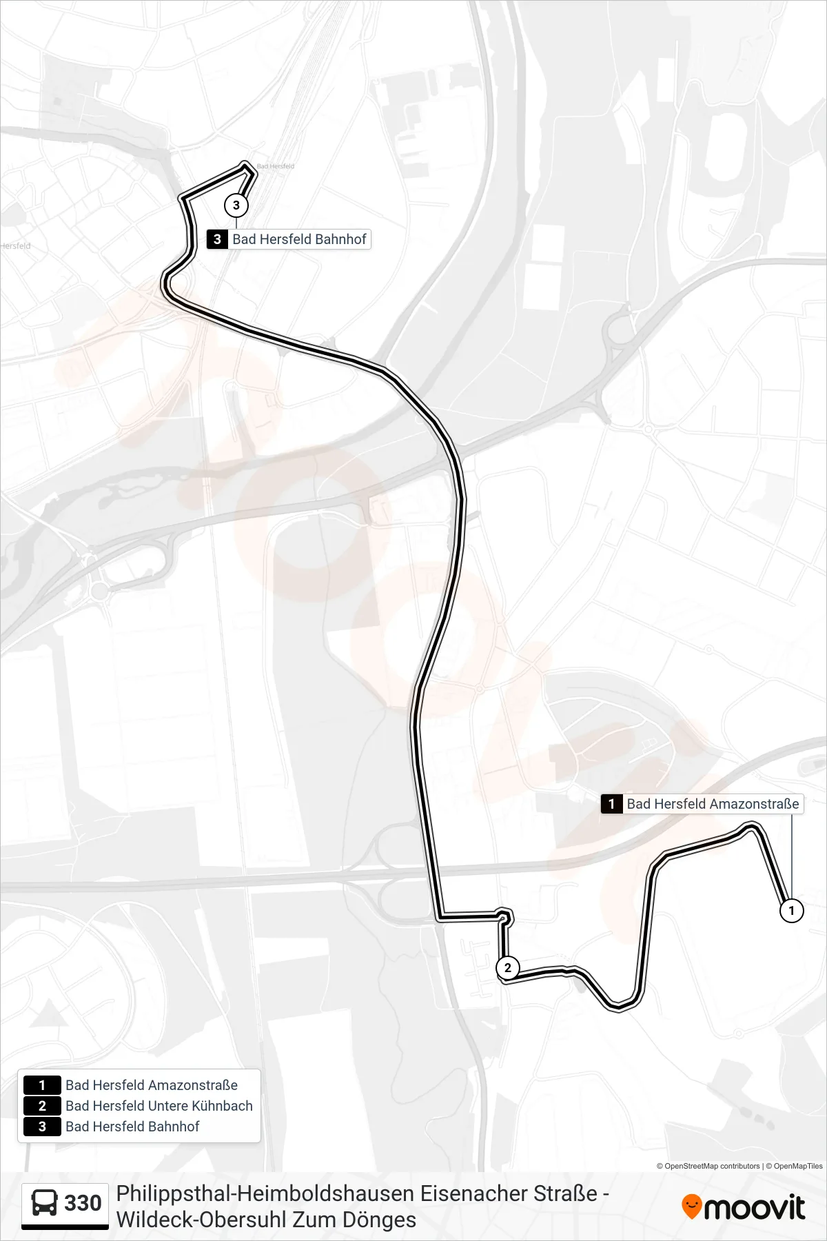 Linie 330 (Bus) Richtung Bad Hersfeld, Bahnhof: Route und Haltestellen auf der Karte