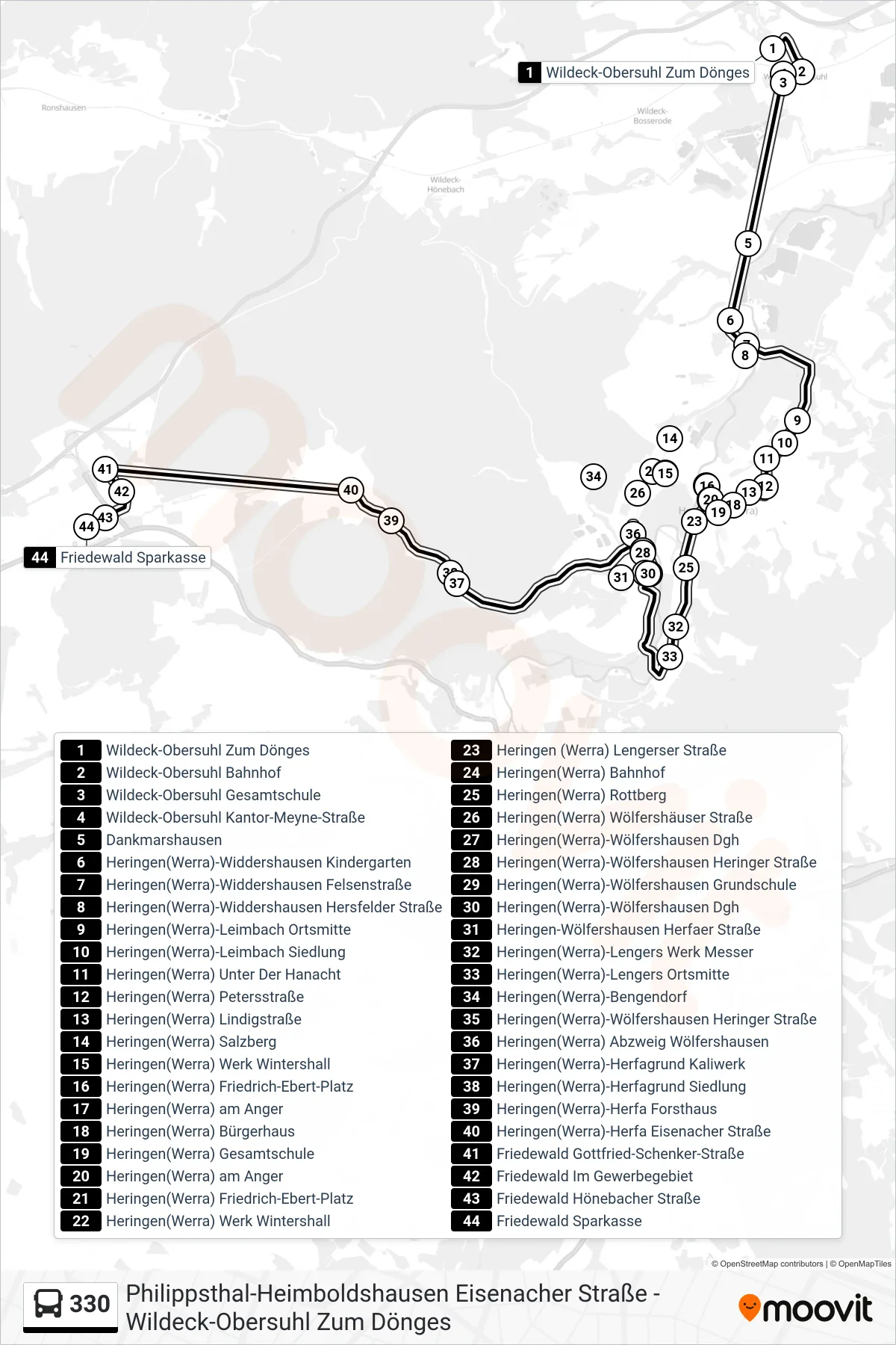 330 bus Line (Friedewald) route and stops on a map