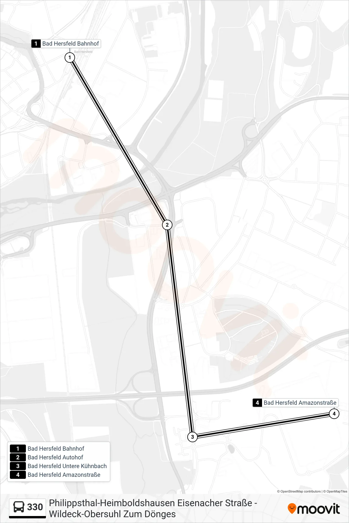 330 bus Line (Amazonstraße) route and stops on a map