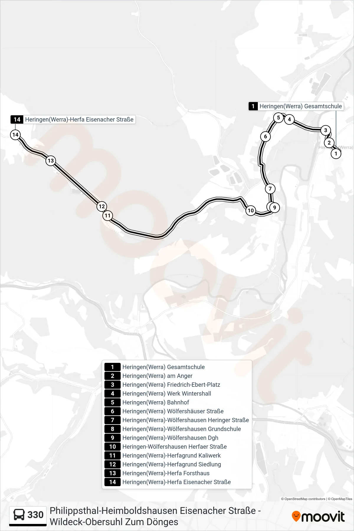 330 bus Line (Herfa) route and stops on a map