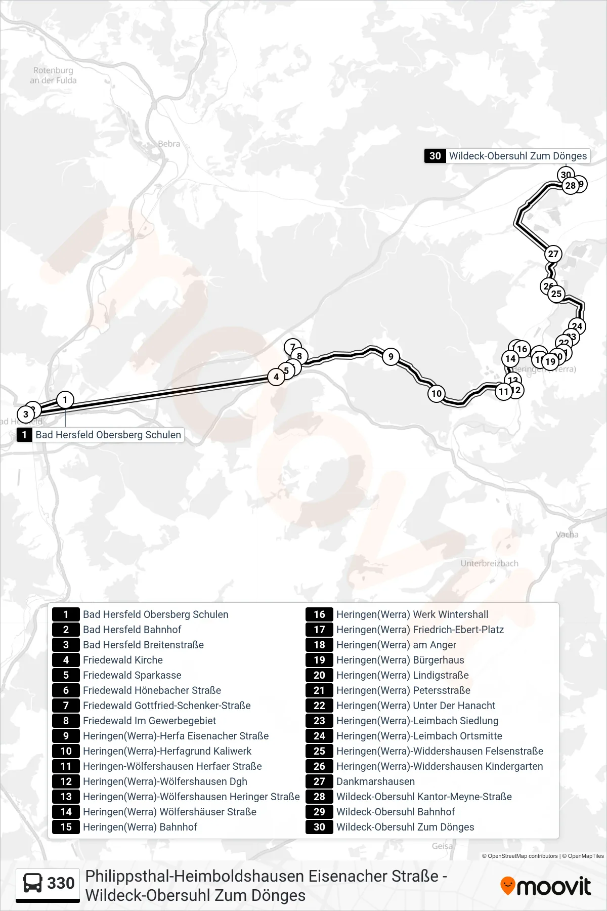 330 bus Line (Wildeck-Obersuhl) route and stops on a map