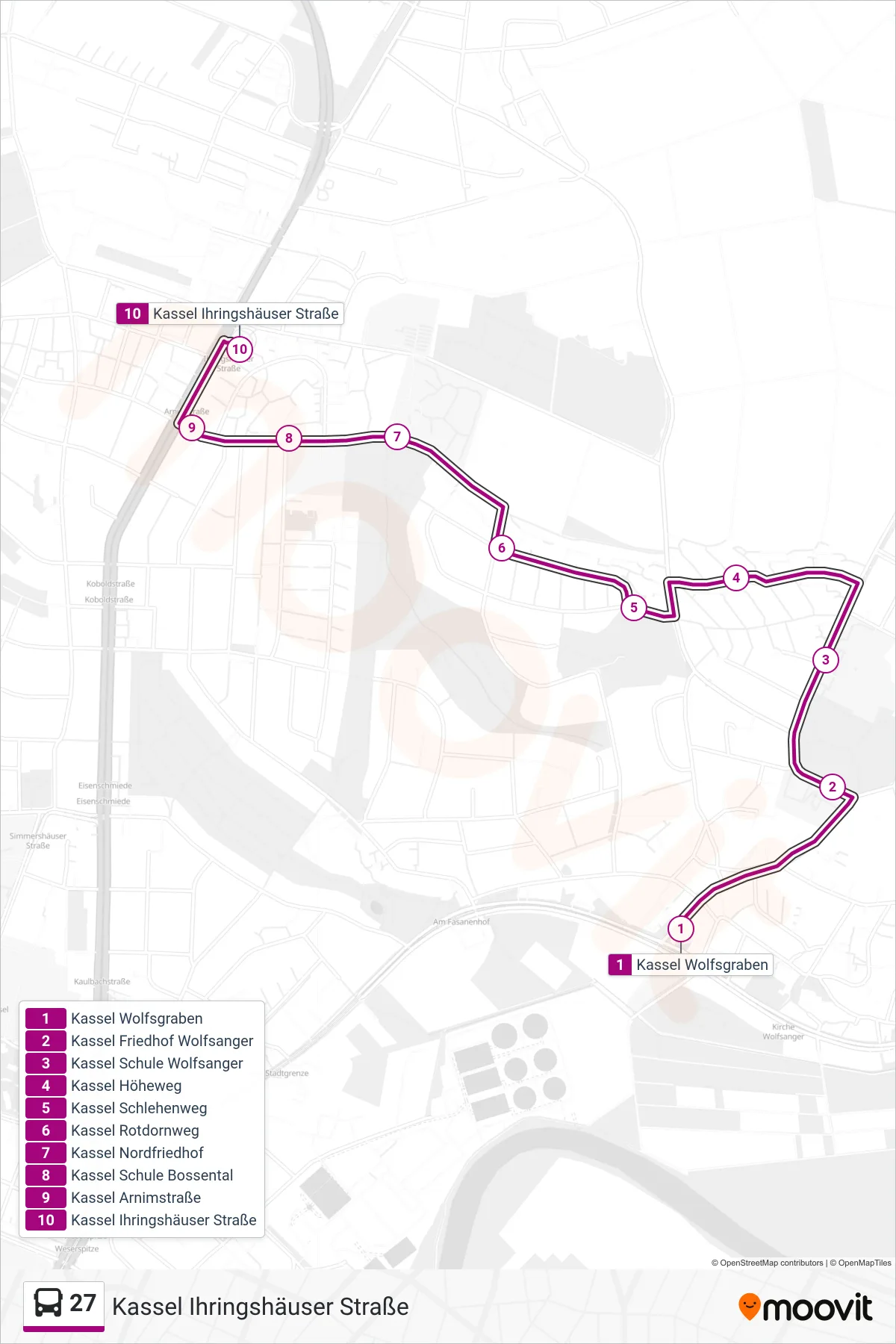 Linie 27 (Bus) Richtung Kassel Ihringshäuser Straße: Route und Haltestellen auf der Karte