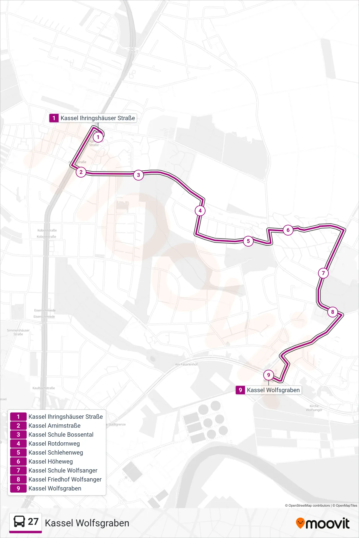 Linie 27 (Bus) Richtung Kassel Wolfsgraben: Route und Haltestellen auf der Karte