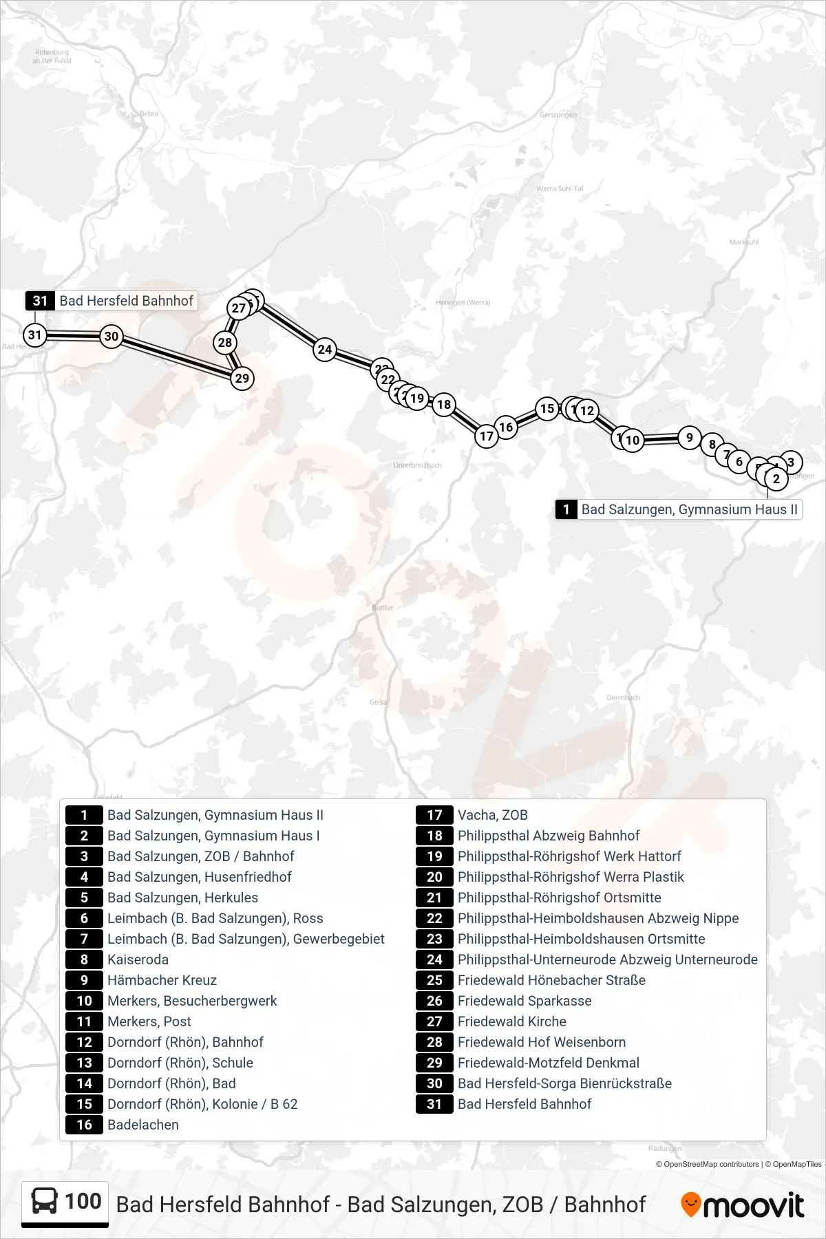 100 bus Line (Bad Hersfeld) route and stops on a map