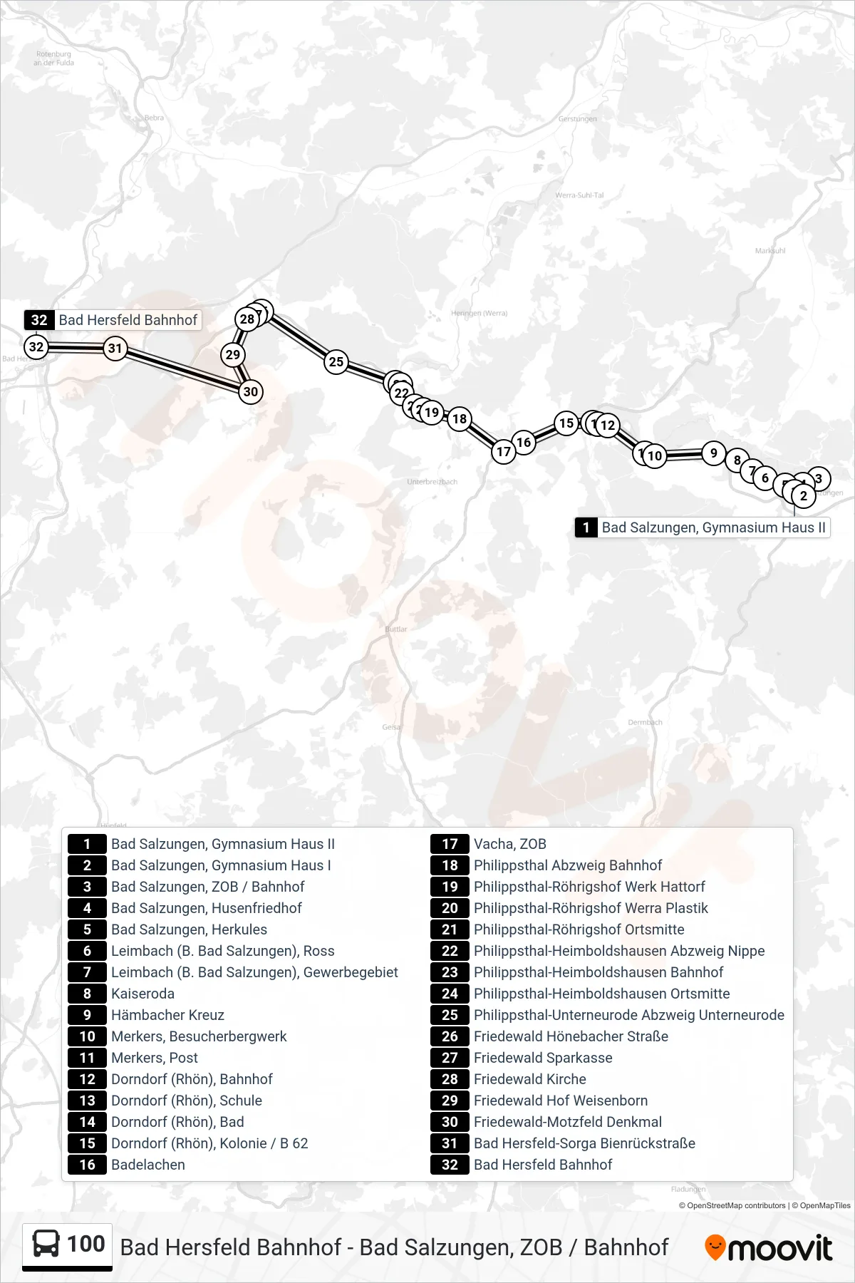100 bus Line (Bad Hersfeld Bahnhof) route and stops on a map
