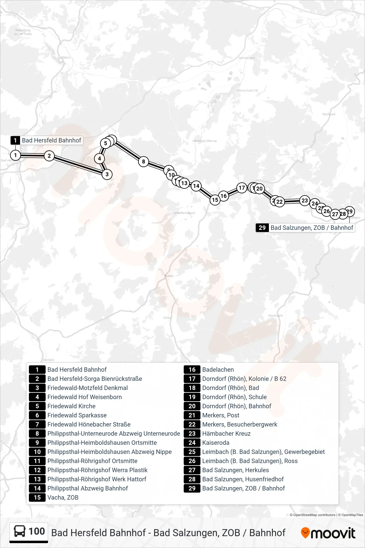 Linie 100 (Bus) Richtung Bad Salzungen ZOB: Route und Haltestellen auf der Karte