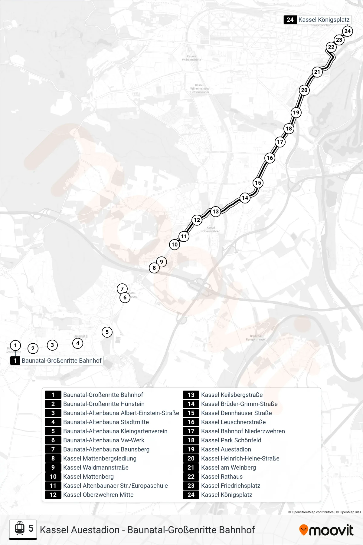 Linie 5 (Tram) Richtung Kassel: Route und Haltestellen auf der Karte