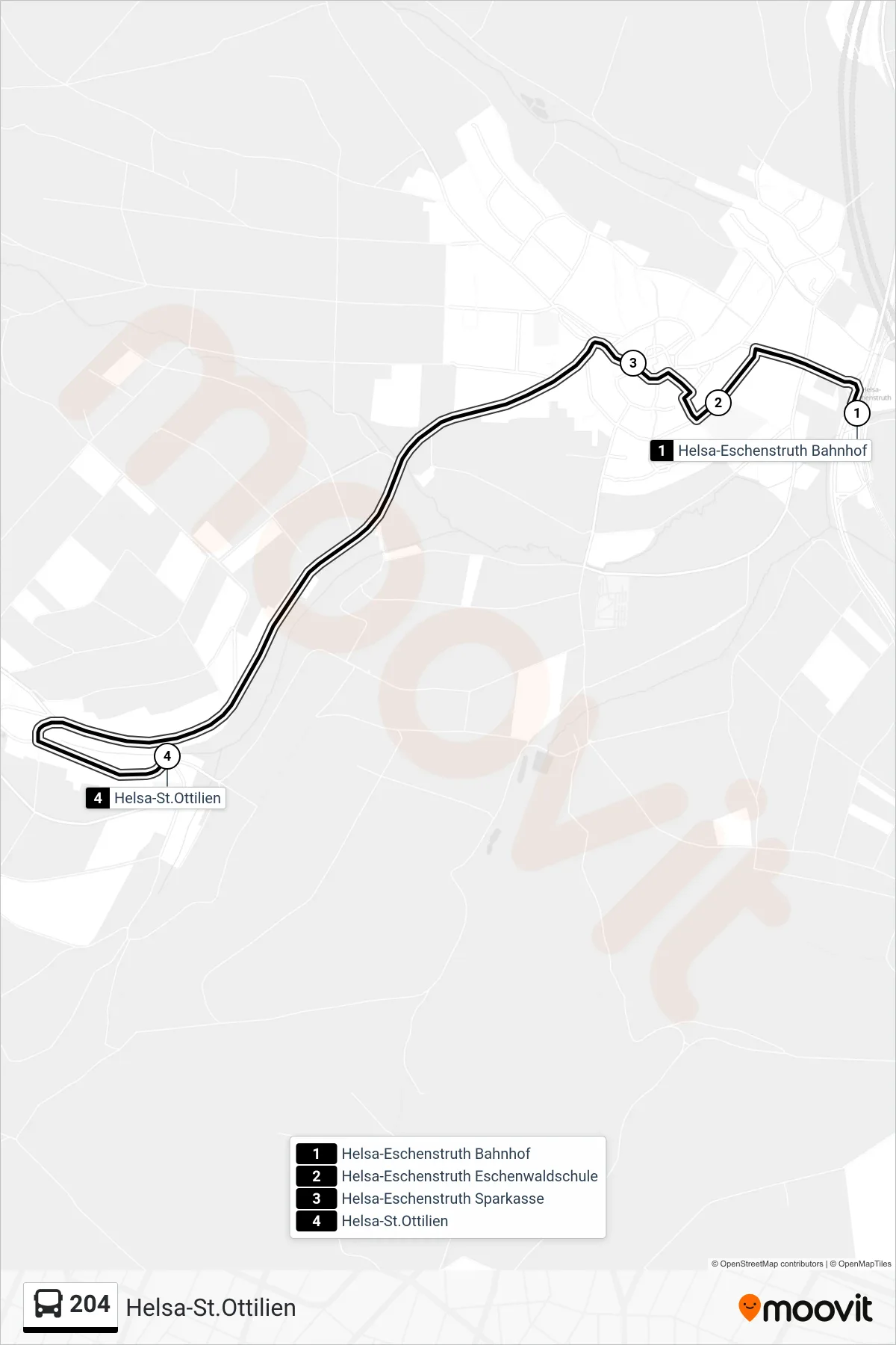 204 bus Line (Helsa-St.Ottilien) route and stops on a map