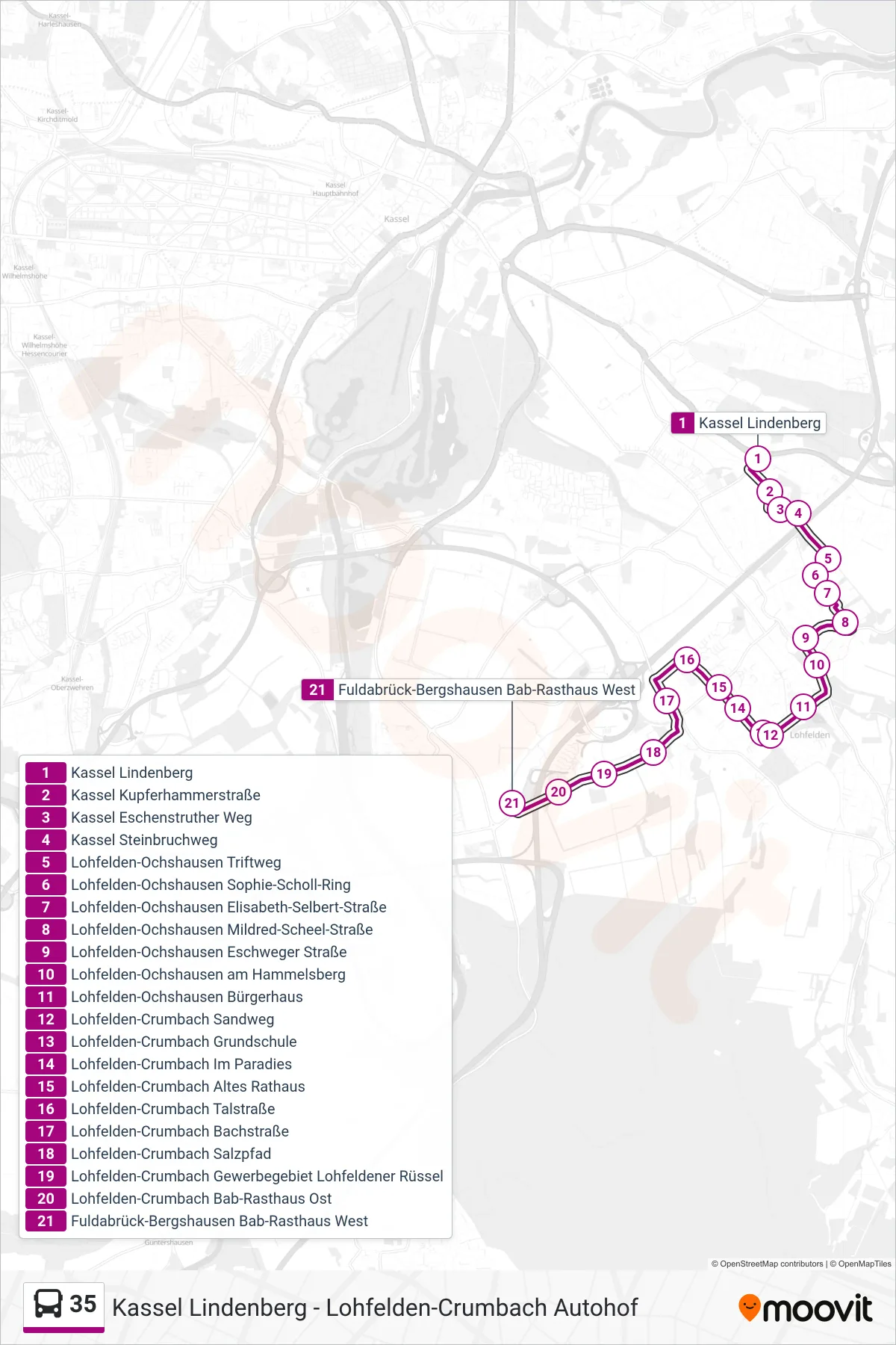 35 bus Line (Bab-Rasthaus) route and stops on a map