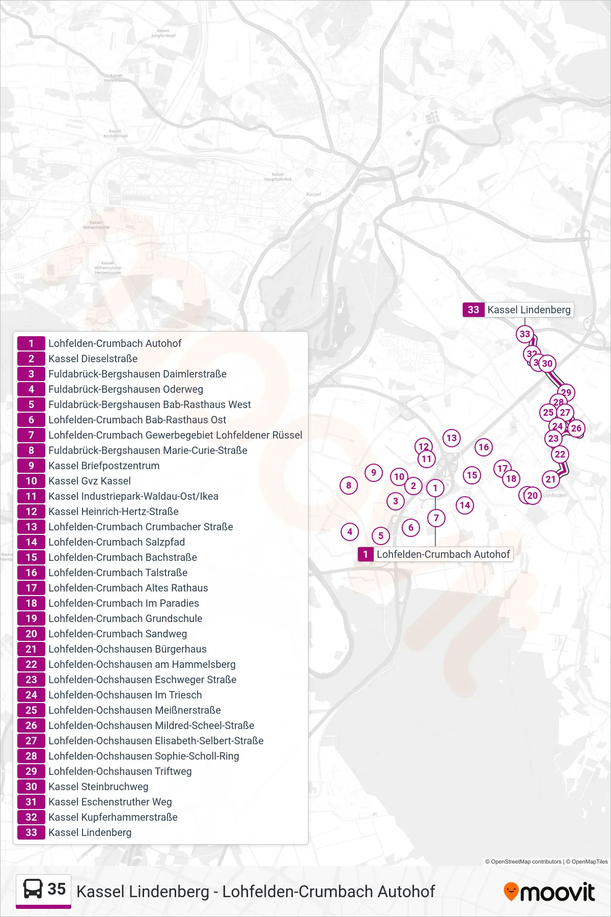 Linie 35 (Bus) Richtung Kassel Lindenberg: Route und Haltestellen auf der Karte