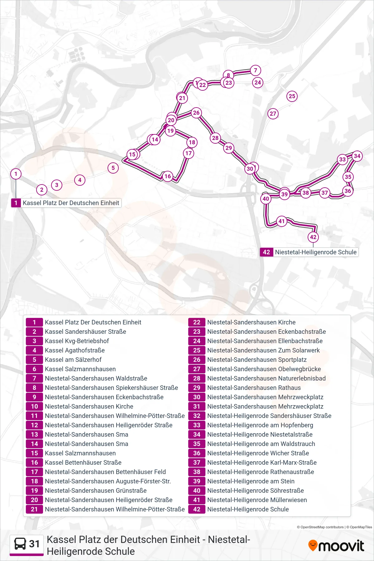 31 bus Line (Niestetal-Heiligenrode Schule) route and stops on a map