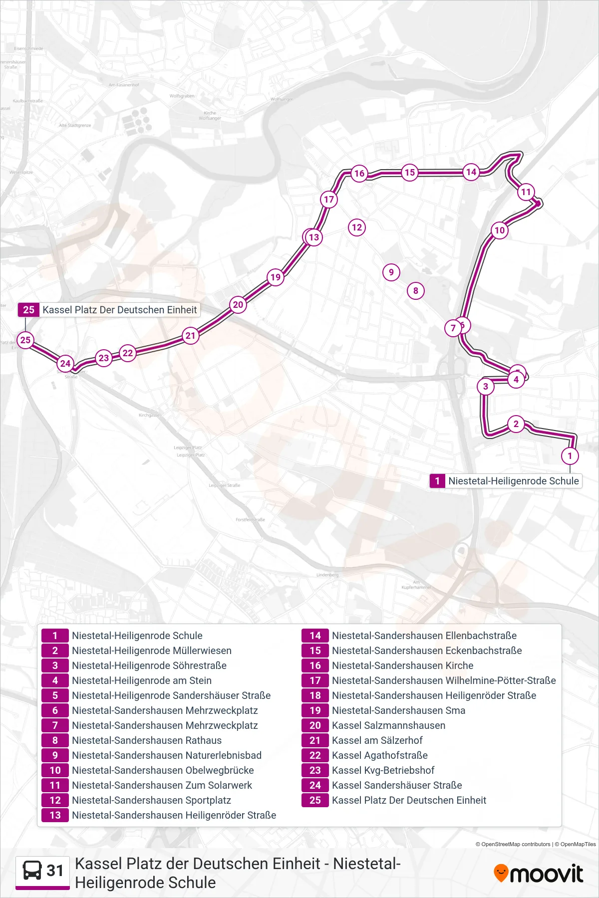 31 bus Line (Kassel Platz Der Deutschen Einheit) route and stops on a map