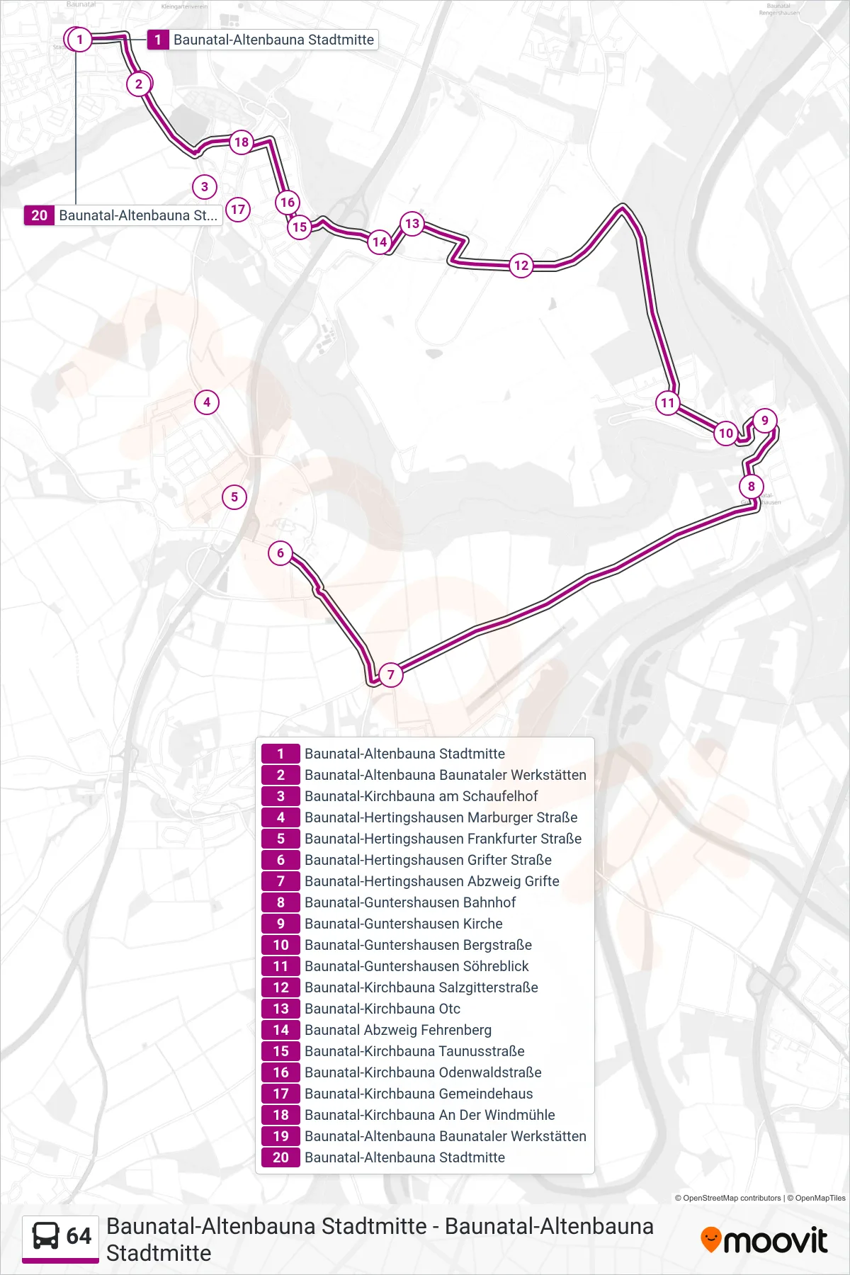 64 bus Line (Baunatal-Altenbauna Stadtmitte) route and stops on a map