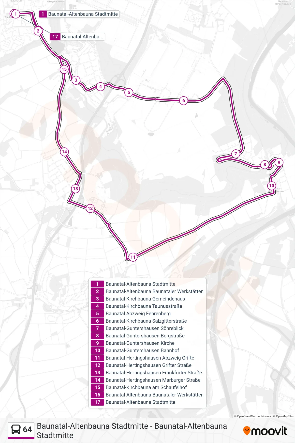 64 bus Line (Baunatal-Altenbauna Stadtmitte) route and stops on a map