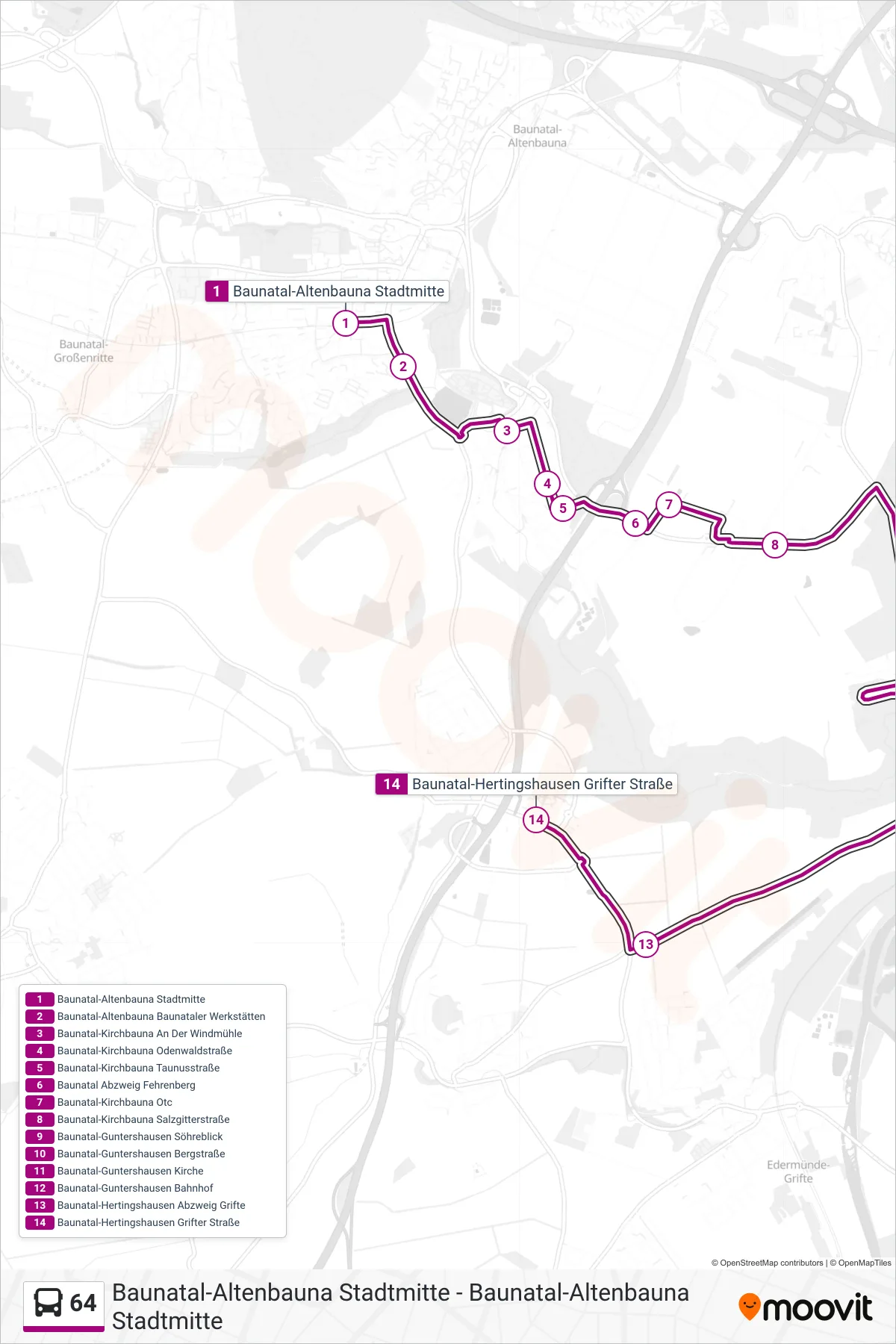 Linie 64 (Bus) Richtung Baunatal-Hertingshausen Grifter Straße: Route und Haltestellen auf der Karte
