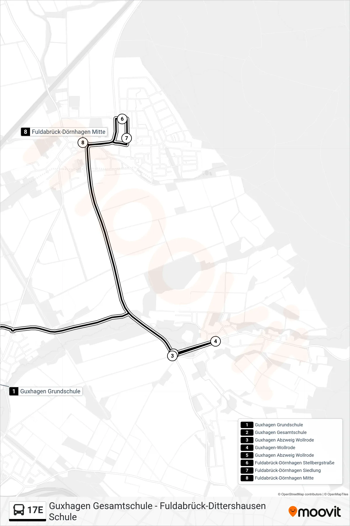 Linie 17E (Bus) Richtung Fuldabrück-Dörnhagen Mitte: Route und Haltestellen auf der Karte