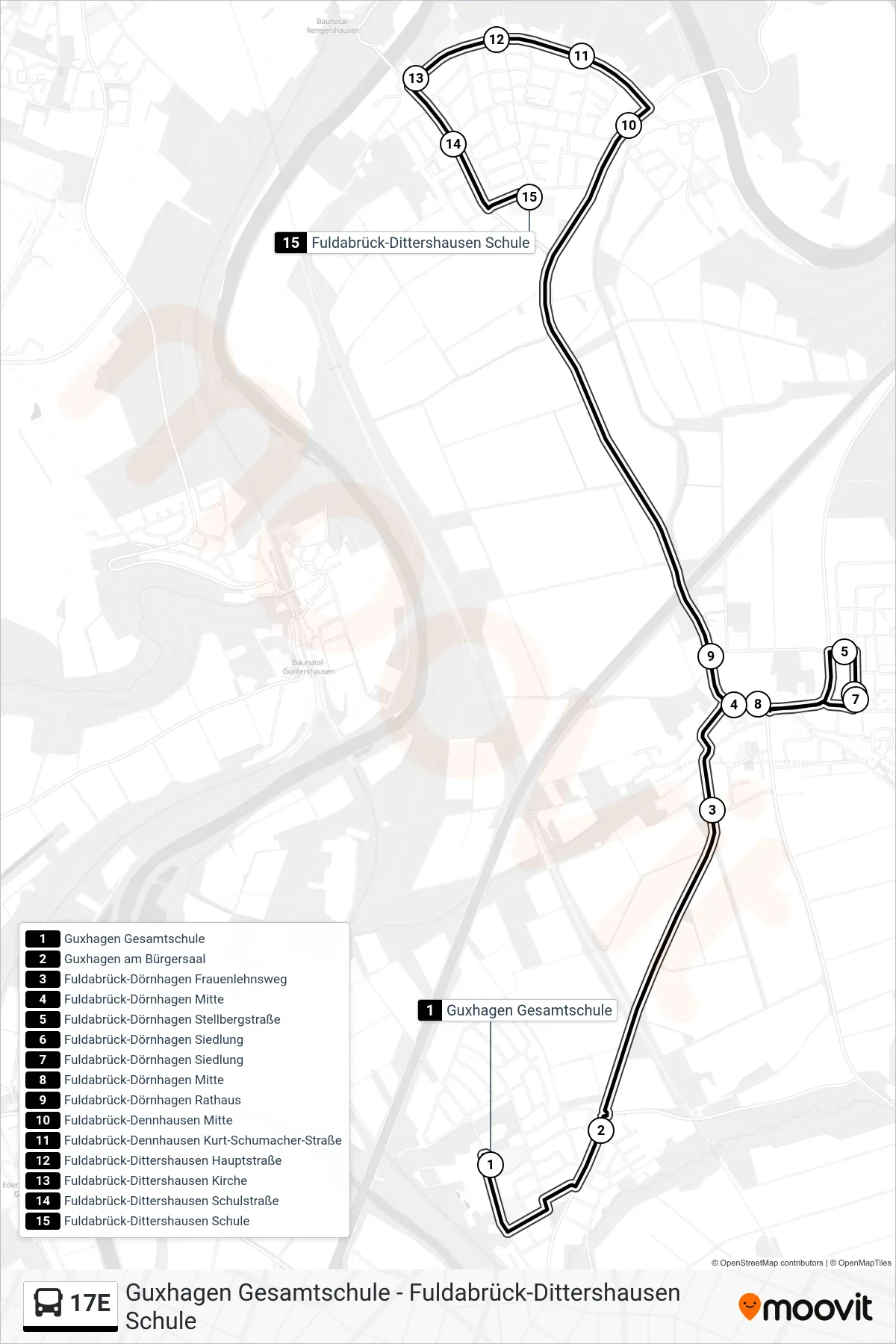17E bus Line (Fuldabrück-Dittershausen Schule) route and stops on a map
