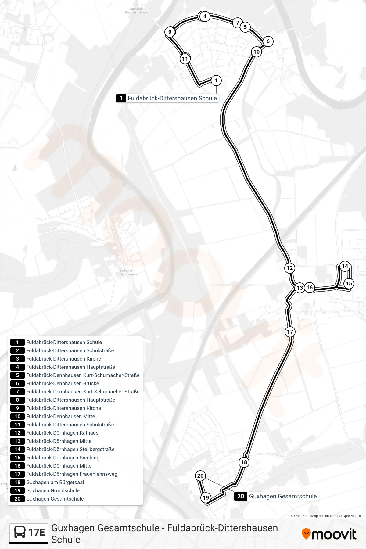 17E bus Line (Guxhagen Gesamtschule) route and stops on a map