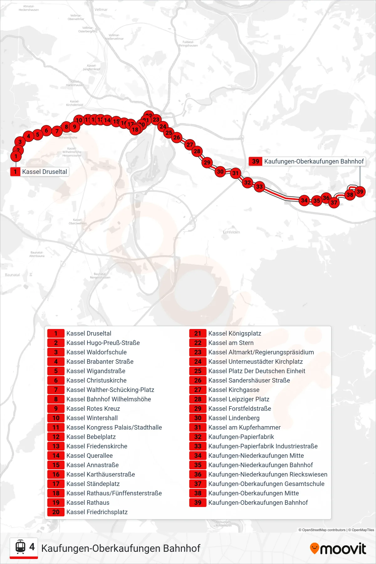 4 light rail Line (Kaufungen-Oberkaufungen Bahnhof) route and stops on a map