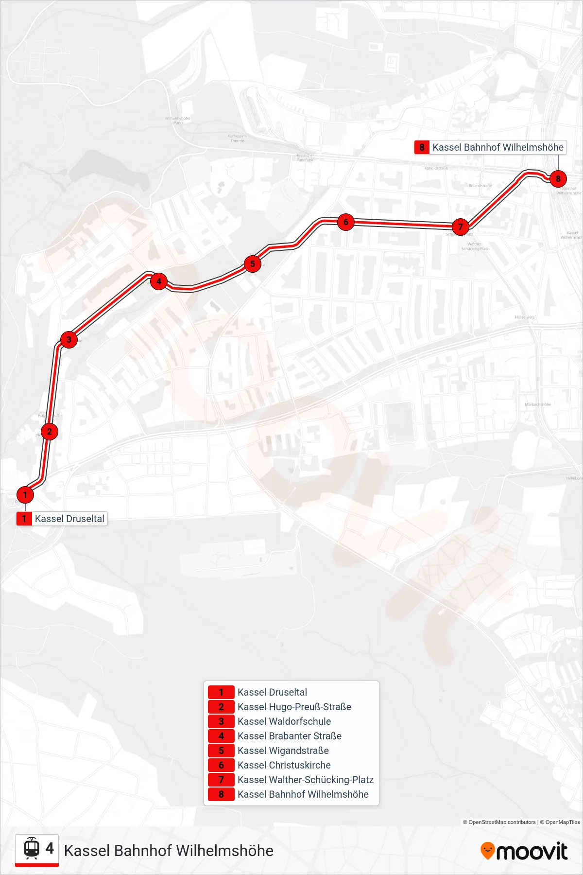 4 light rail Line (Kassel Bahnhof Wilhelmshöhe) route and stops on a map