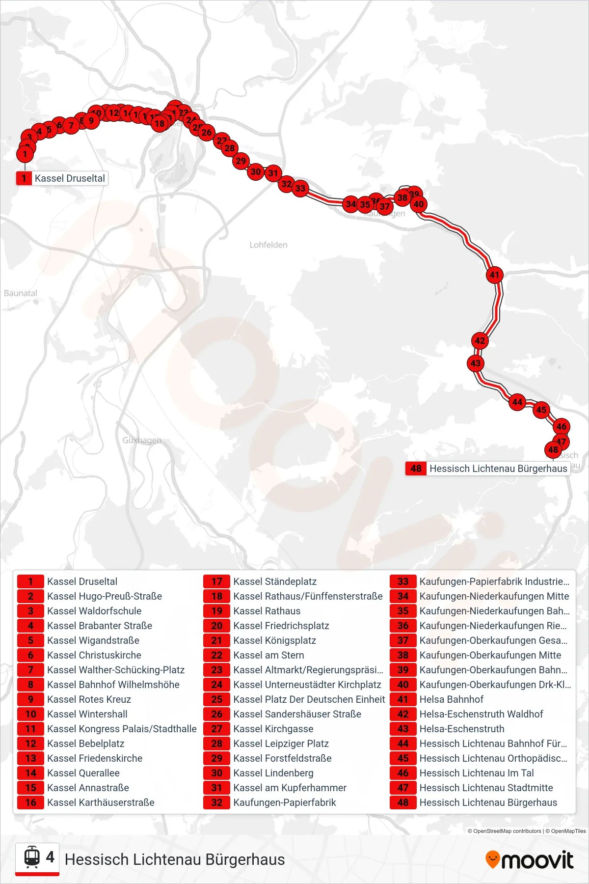 Linie 4 (Tram) Richtung Hessisch Lichtenau Bürgerhaus: Route und Haltestellen auf der Karte