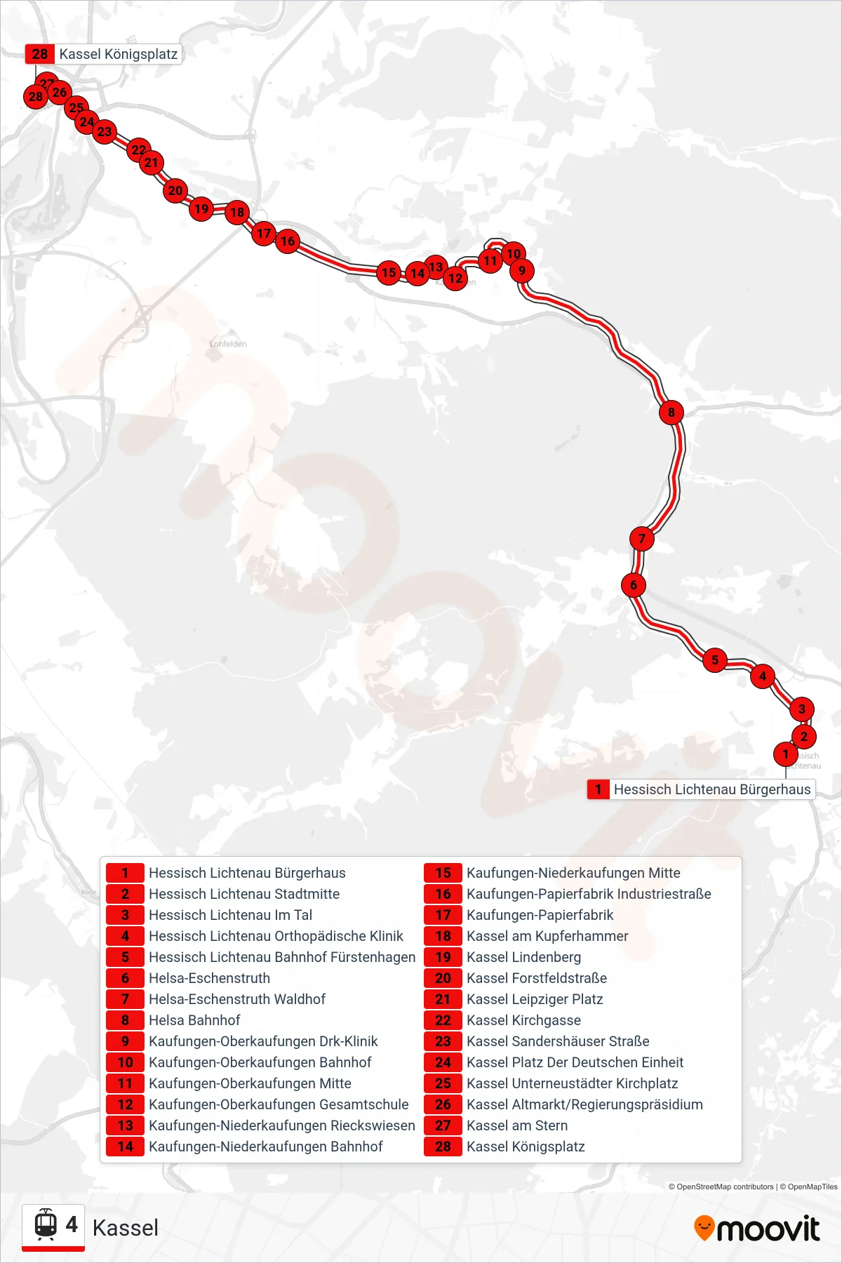 4 light rail Line (Kassel) route and stops on a map