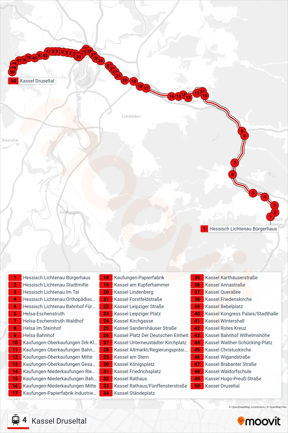 4 light rail Line (Kassel Druseltal) route and stops on a map
