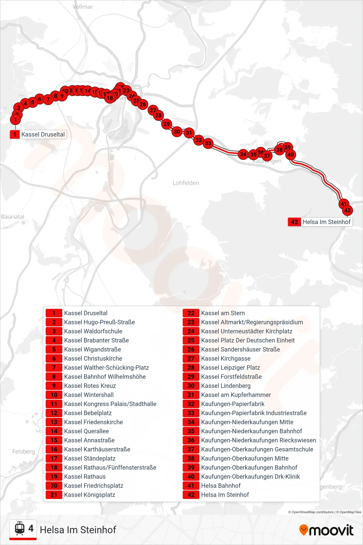 4 light rail Line (Helsa Im Steinhof) route and stops on a map