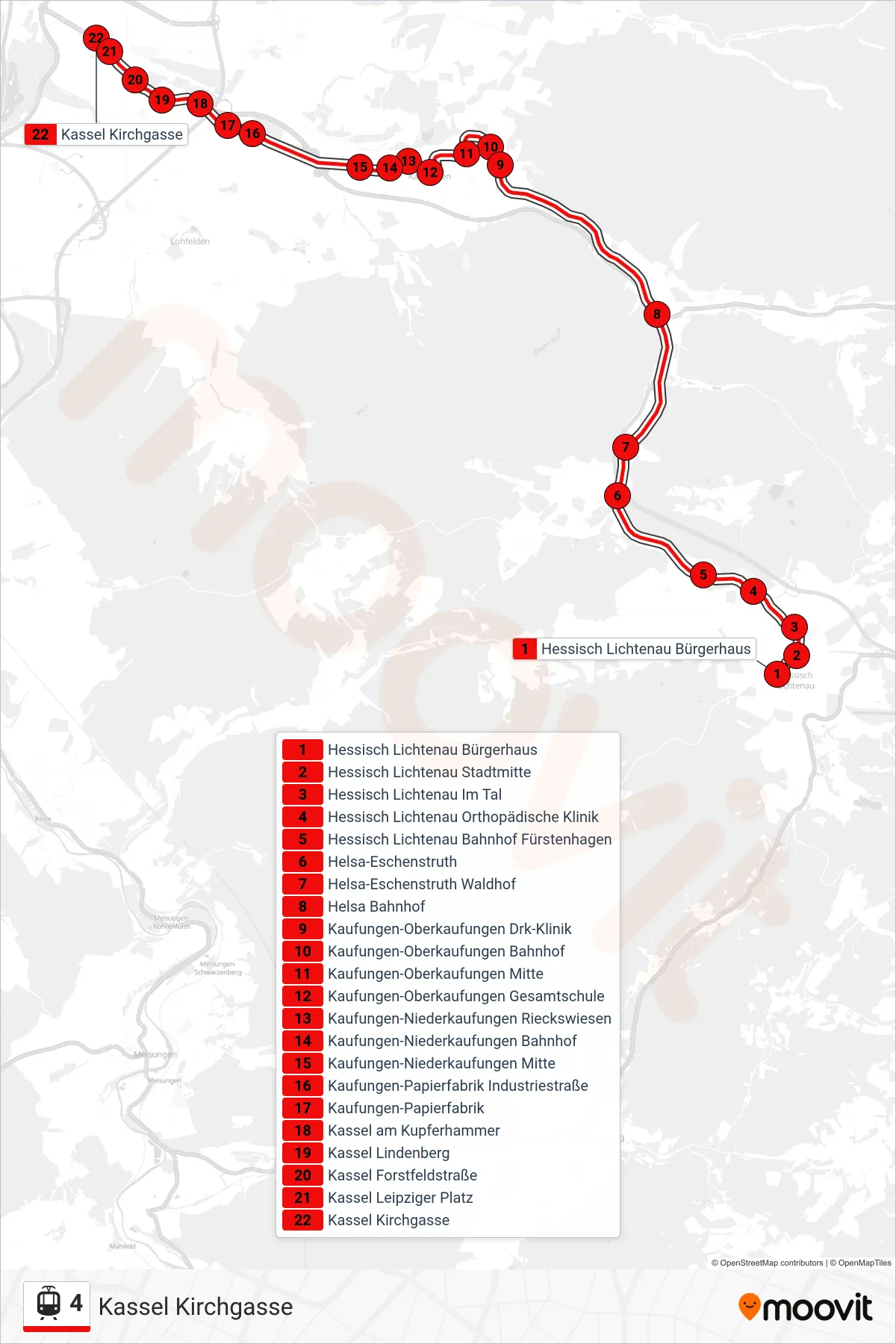 4 light rail Line (Kassel Kirchgasse) route and stops on a map