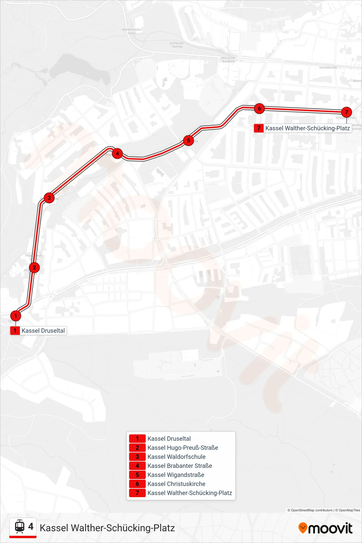 4 light rail Line (Kassel Walther-Schücking-Platz) route and stops on a map