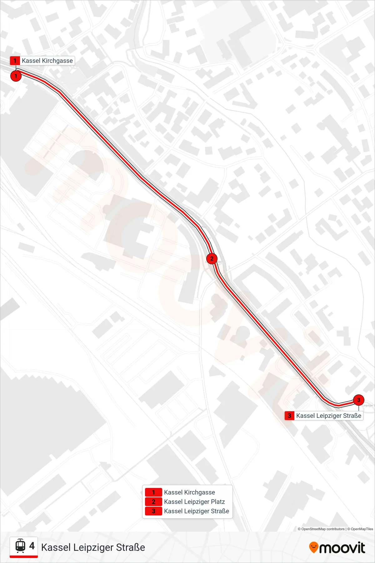 4 light rail Line (Kassel Leipziger Straße) route and stops on a map
