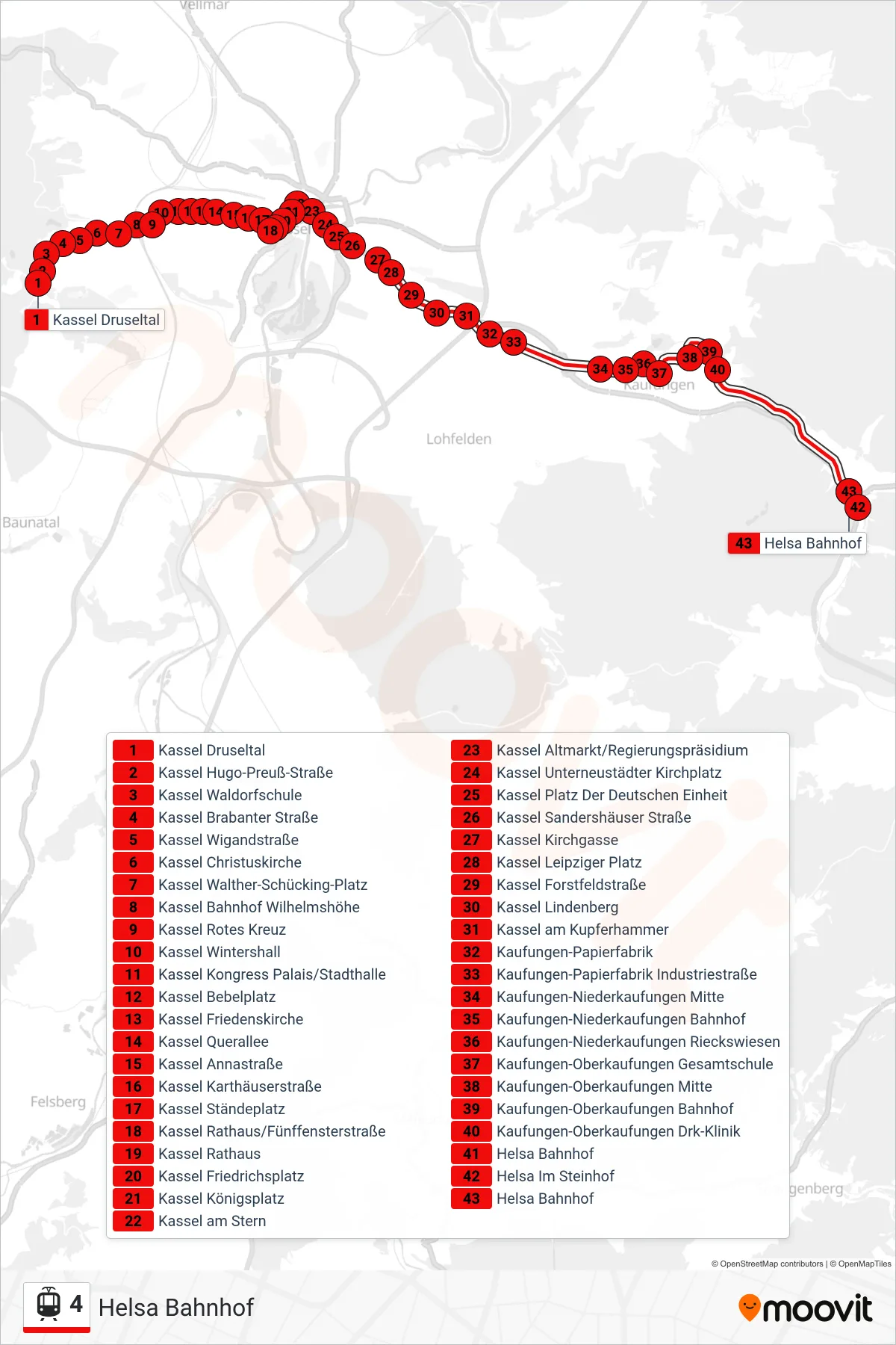 4 light rail Line (Helsa Bahnhof) route and stops on a map